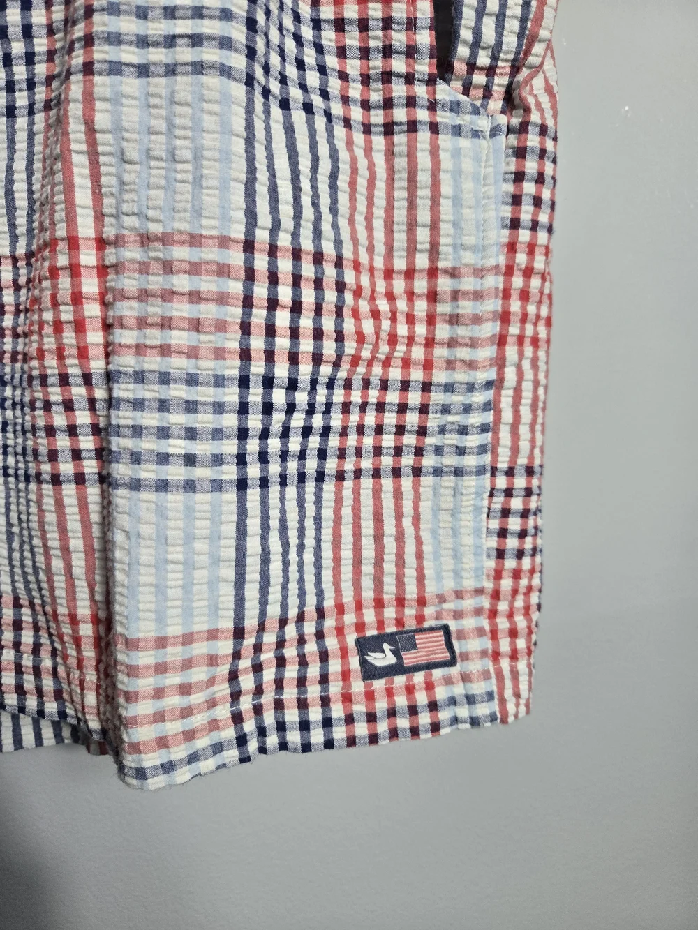 Southern Marsh Mens Seersucker Plaid Swim Trunks Red Blue Mesh Lined Short Large